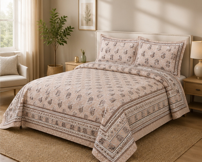 Heritage Pure Cotton King Sized Bedsheet Set With 2 Pillow
