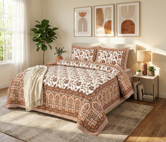 Heritage Floral Earth-Tone Pure Cotton Bedsheet Set - Lifestyle Image