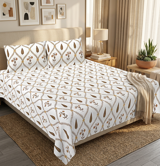 Royal Earth Toned Lattice Print Pure Cotton Bedsheet Set - lifestyle