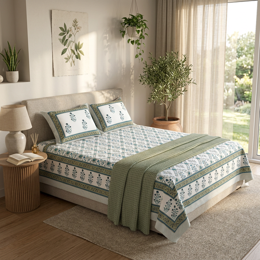 Heritage Bloom Artisanal Sateen Collection in Serene Teal - lifestyle
