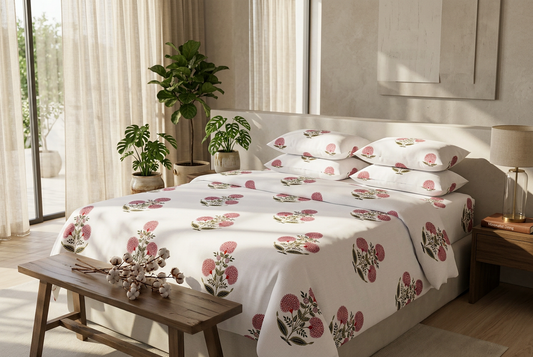 Artisanal Crimson Bloom 100% Pure Virgin Cotton King Bedsheet - lifestyle