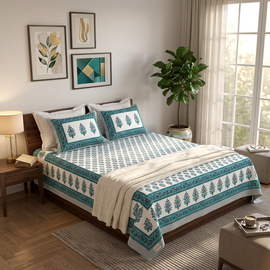 Heritage Teal Artisanal Floral Printed Mercerized Cotton Bedding - lifestyle