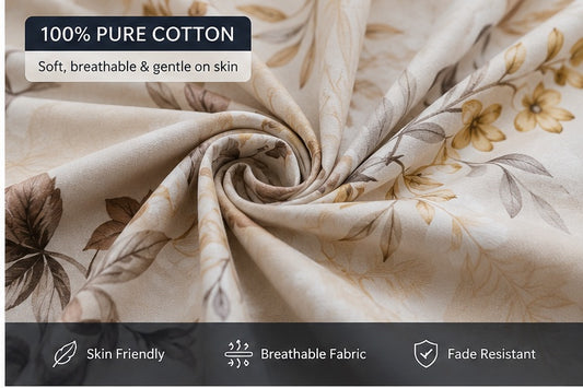 Royal 100% cotton bedsheet fabric close-up showing floral print