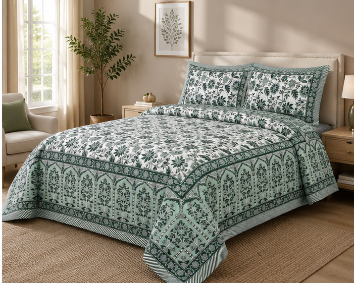 Heritage Pure Cotton King Sized Bedsheet Set With 2 Pillow