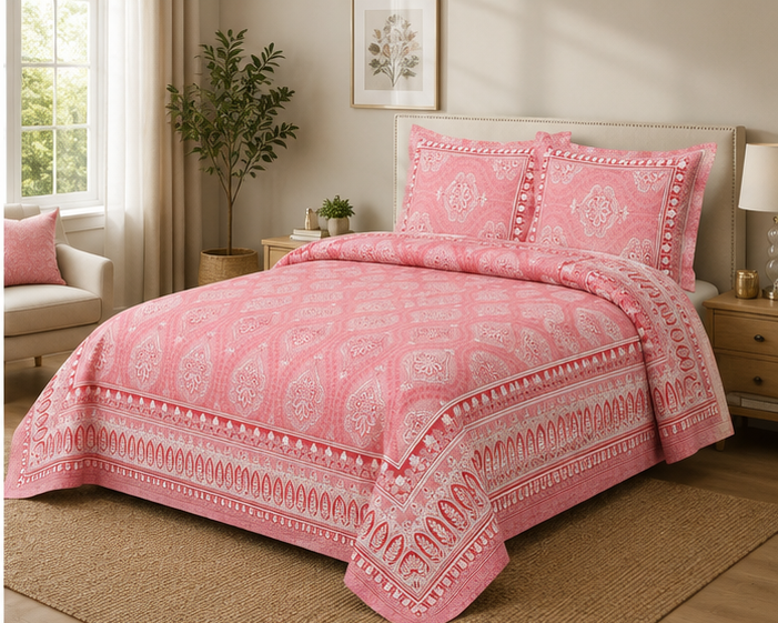 Heritage Pure Cotton King Sized Bedsheet Set With 2 Pillow