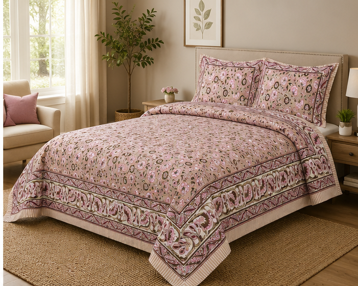 Heritage Pure Cotton King Sized Bedsheet Set With 2 Pillow