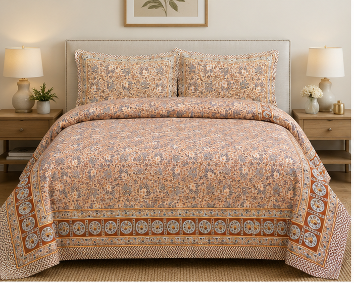 Heritage Pure Cotton King Sized Bedsheet Set With 2 Pillow