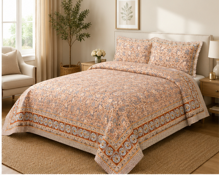Heritage Pure Cotton King Sized Bedsheet Set With 2 Pillow