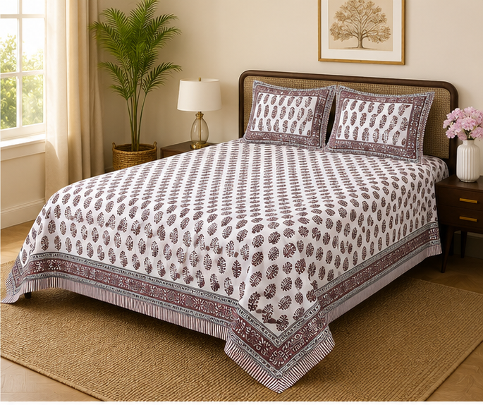 Heritage Pure Cotton King Sized Bedsheet Set With 2 Pillow