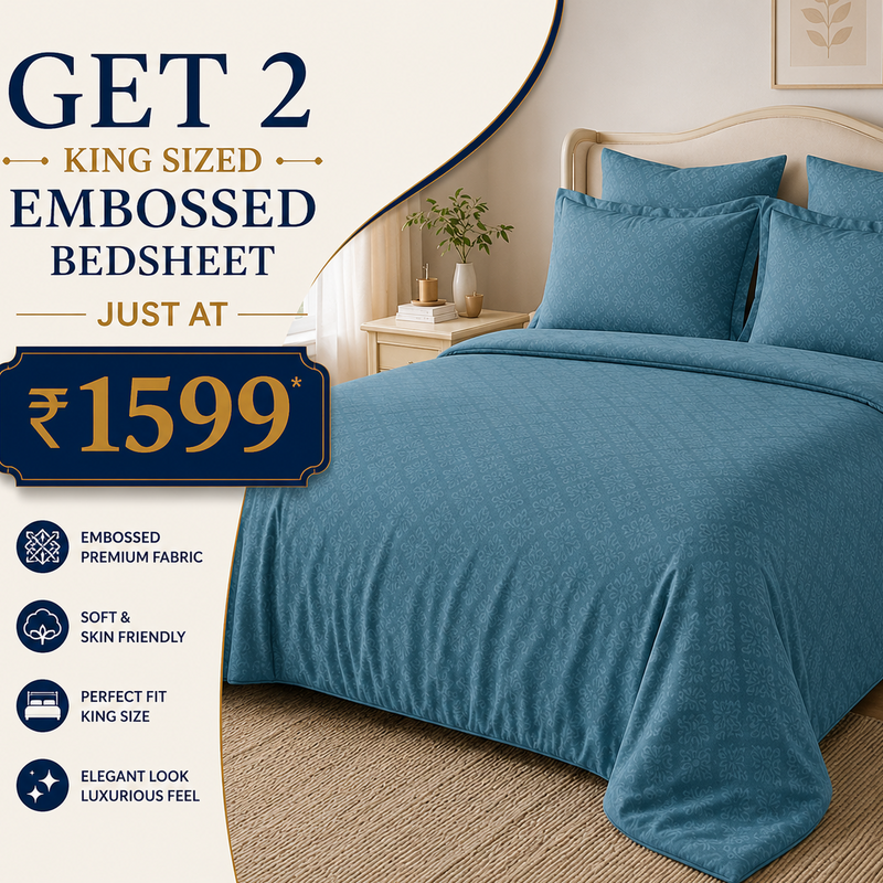 Blue embossed bedsheets on a bed with promotional text and pricing.