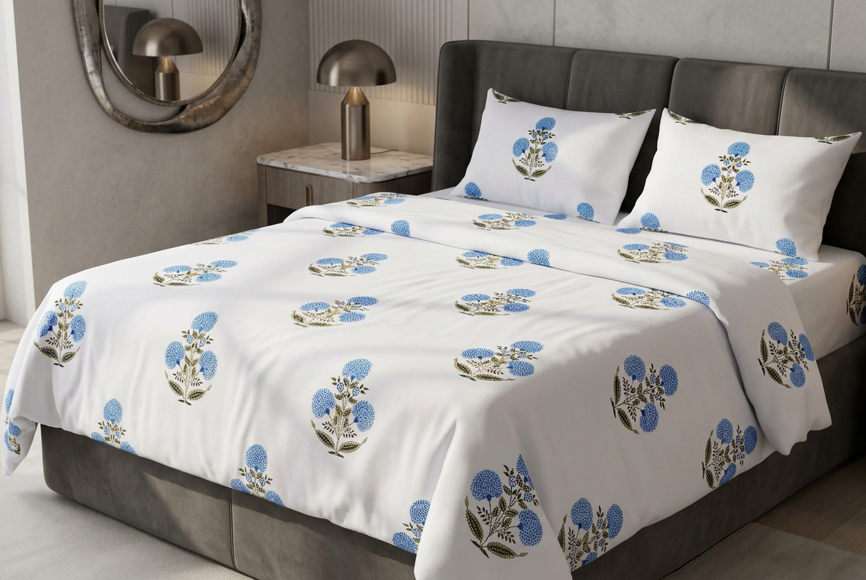 Dark Star Collection Exquisite Indigo Floral Pure Cotton Bedspread - angle