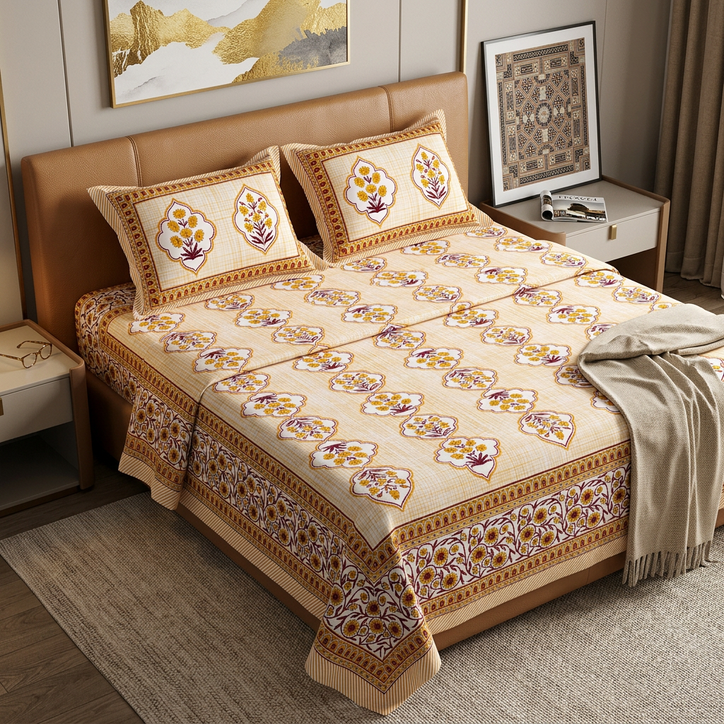 Amber Mughal Heritage Hand-Block Inspired Luxury Cotton Bedset - angle