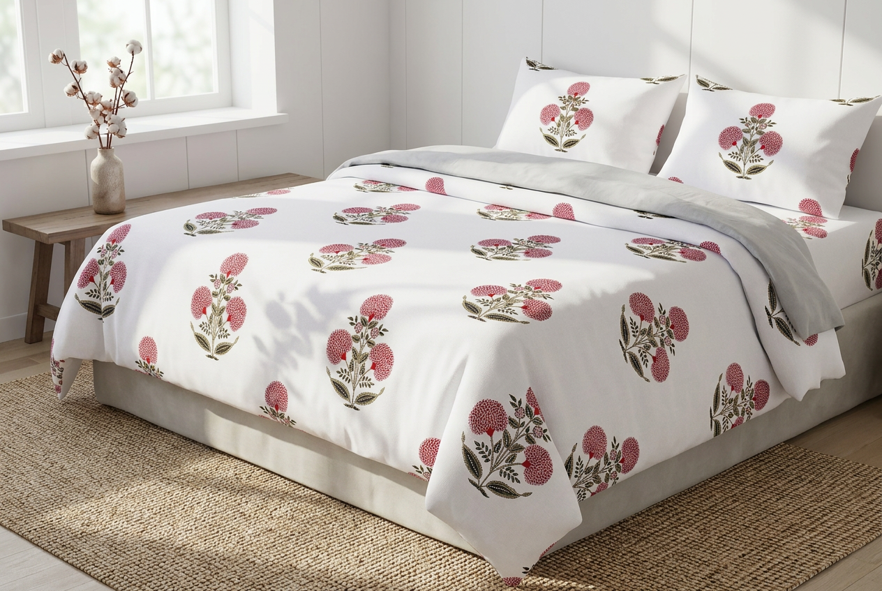 Artisanal Crimson Bloom 100% Pure Virgin Cotton King Bedsheet - angle