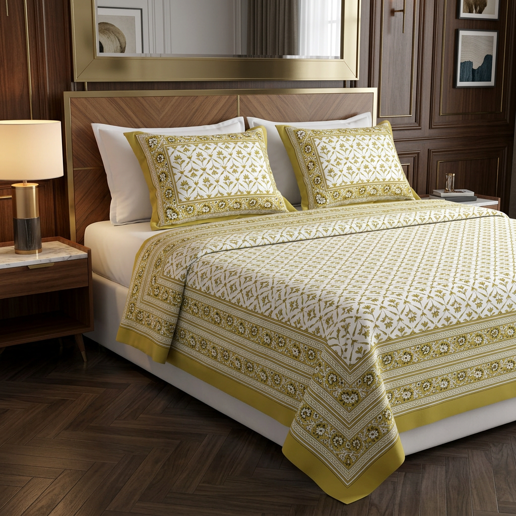 Aura of Saffron Artisanal Floral Cotton Bedding Set - angle