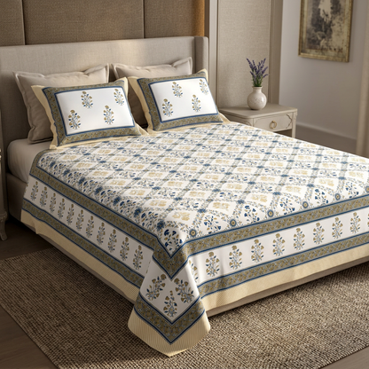 Royal Indigo Sanganeri Motif Luxury Cotton King Bedsheet Set - angle