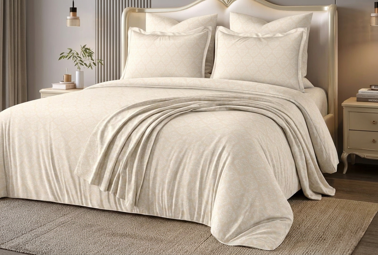 Imperial Cream Damask Silk-Touch Luxury Premium Bedding Set - angle