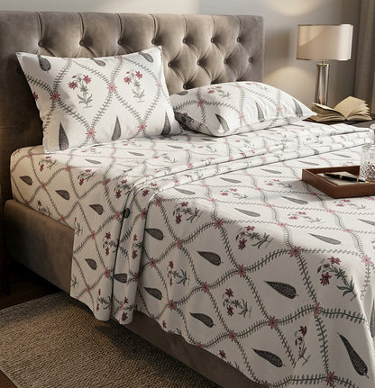 Artisanal Lattice Bloom Pure Cotton Hand-Block Print Bedsheet Set - angle