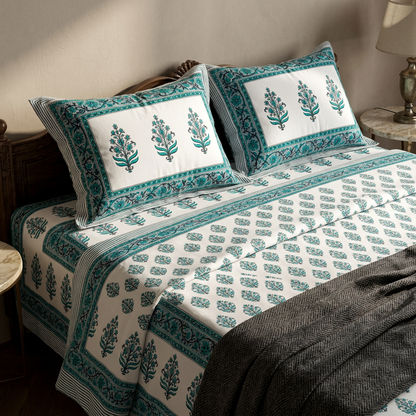 Heritage Teal Artisanal Floral Printed Mercerized Cotton Bedding - angle