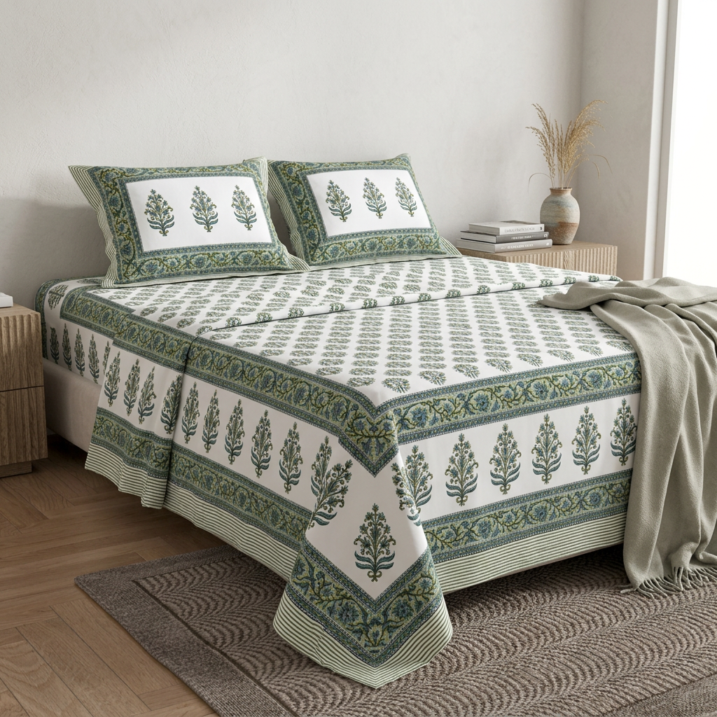 Verdant Aura Hand-Block Inspired Cotton King Bed Set - angle