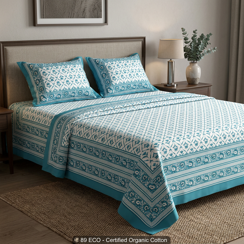 Azure Gardenia Hand-Block Inspired Premium Cotton Bed Sheet Set - angle