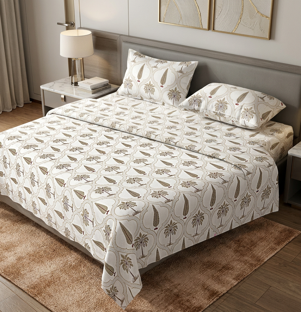 Imperial Oasis Hand-Blocked Palm Print Luxury Cotton Sheet - angle