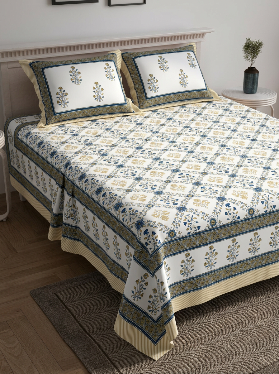 Heritage Bloom Hand-Block Inspired Luxury Cotton Bedspread Set - angle