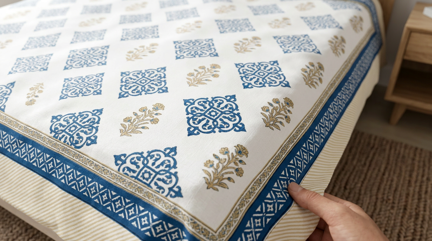 Royal Indigo Sanganeri Motif Luxury Cotton King Bedsheet Set - closeup
