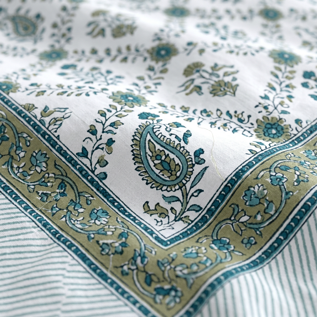 Heritage Bloom Artisanal Sateen Collection in Serene Teal - closeup