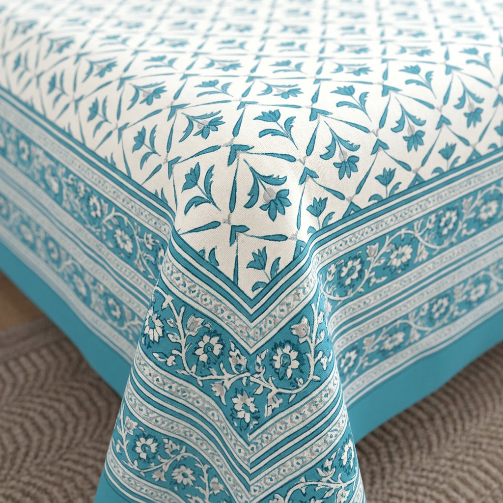 Azure Gardenia Hand-Block Inspired Premium Cotton Bed Sheet Set - closeup