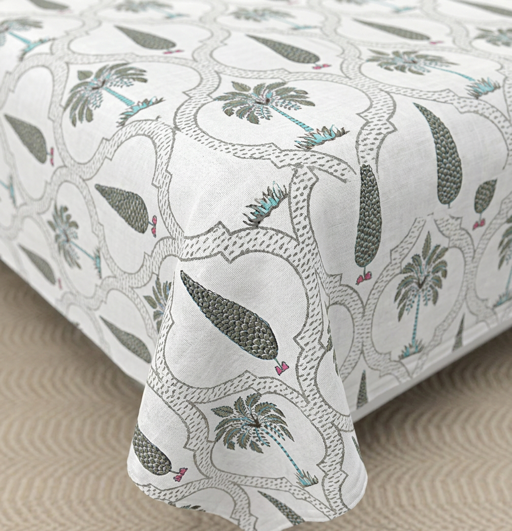 Royal Heritage Palm and Cypress Hand-Block Printed Cotton Bedspread - closeup