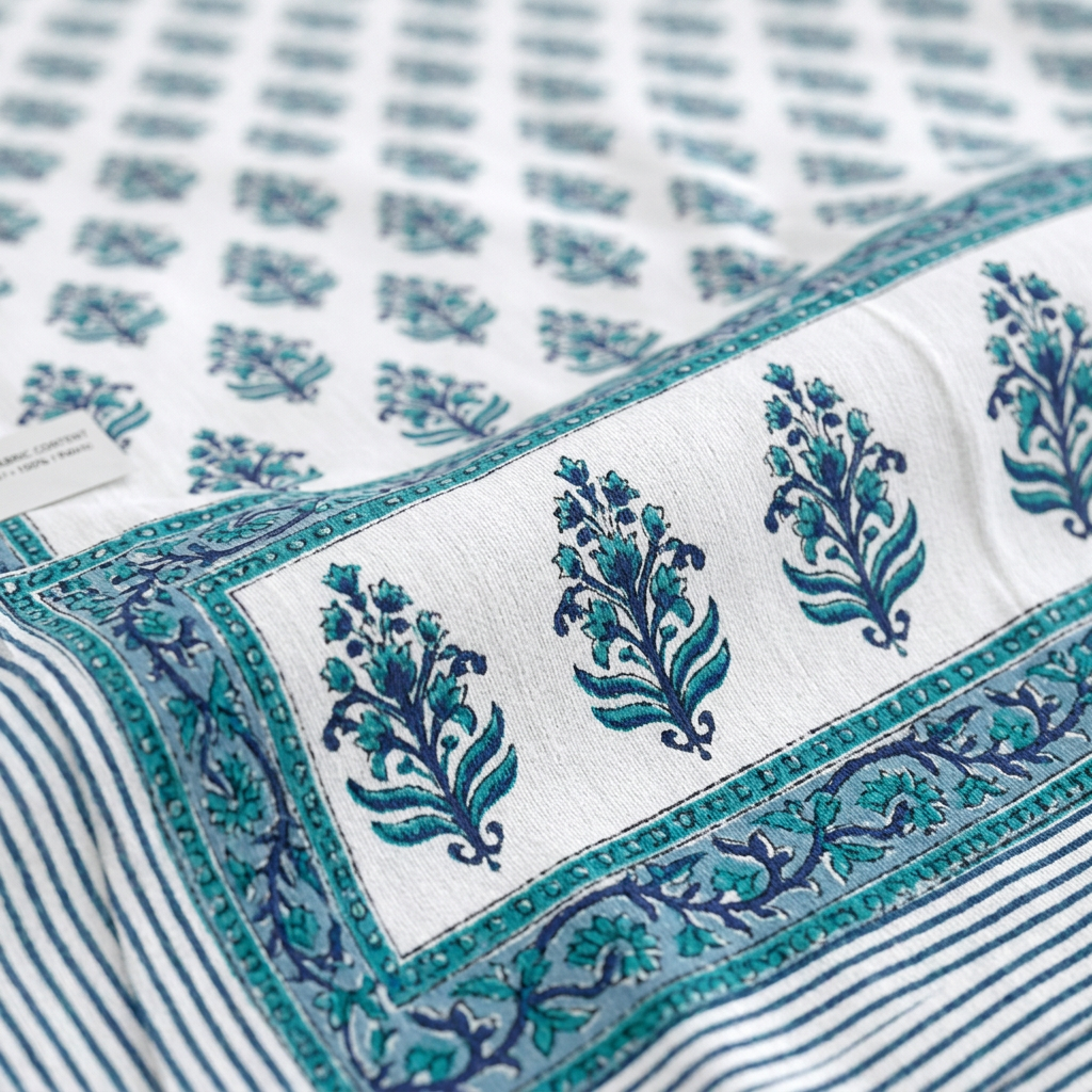 Heritage Teal Artisanal Floral Printed Mercerized Cotton Bedding - closeup