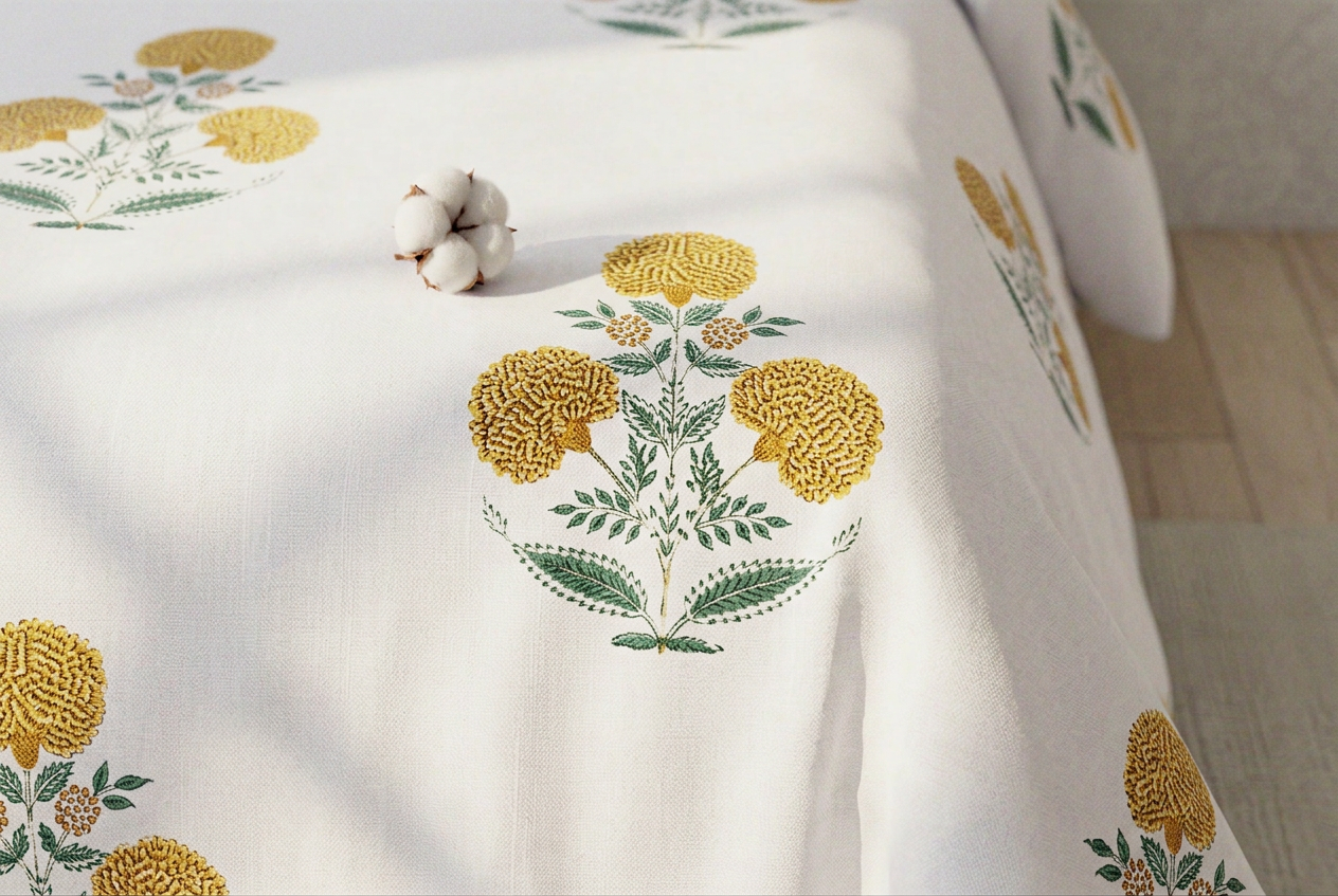 Sun-Kissed Marigold Bloom Pure Long-Staple Cotton Bedding Set - closeup