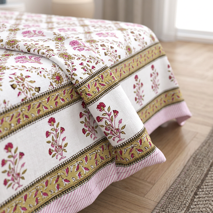 Exquisite Royal Jaipur Blossom Cotton Bedsheet in Rose Gold - closeup