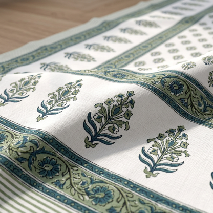Verdant Aura Hand-Block Inspired Cotton King Bed Set - closeup