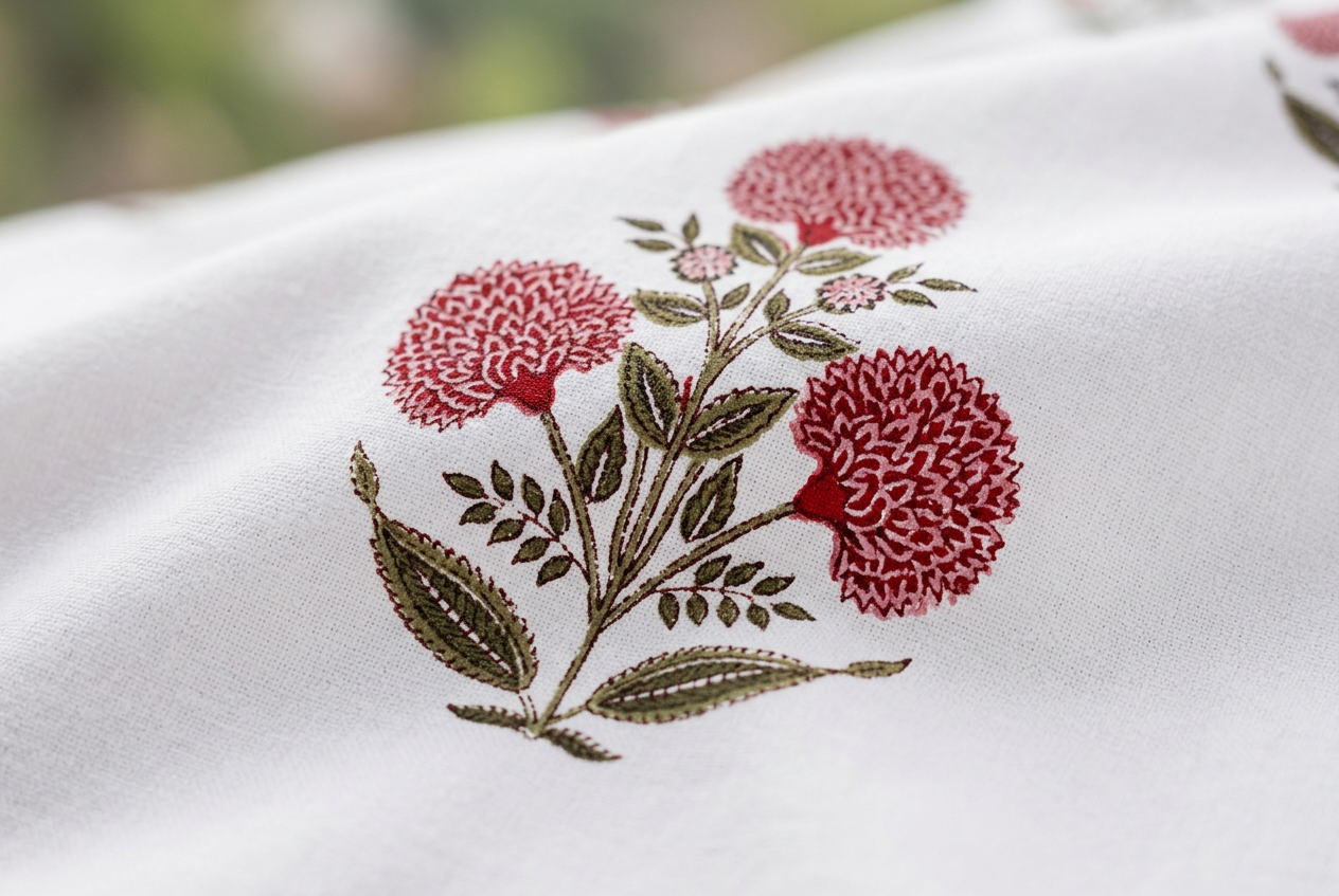 Artisanal Crimson Bloom 100% Pure Virgin Cotton King Bedsheet - closeup