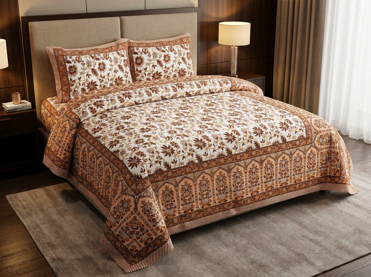 Heritage Floral Earth-Tone Pure Cotton Bedsheet Set - Angle View Image