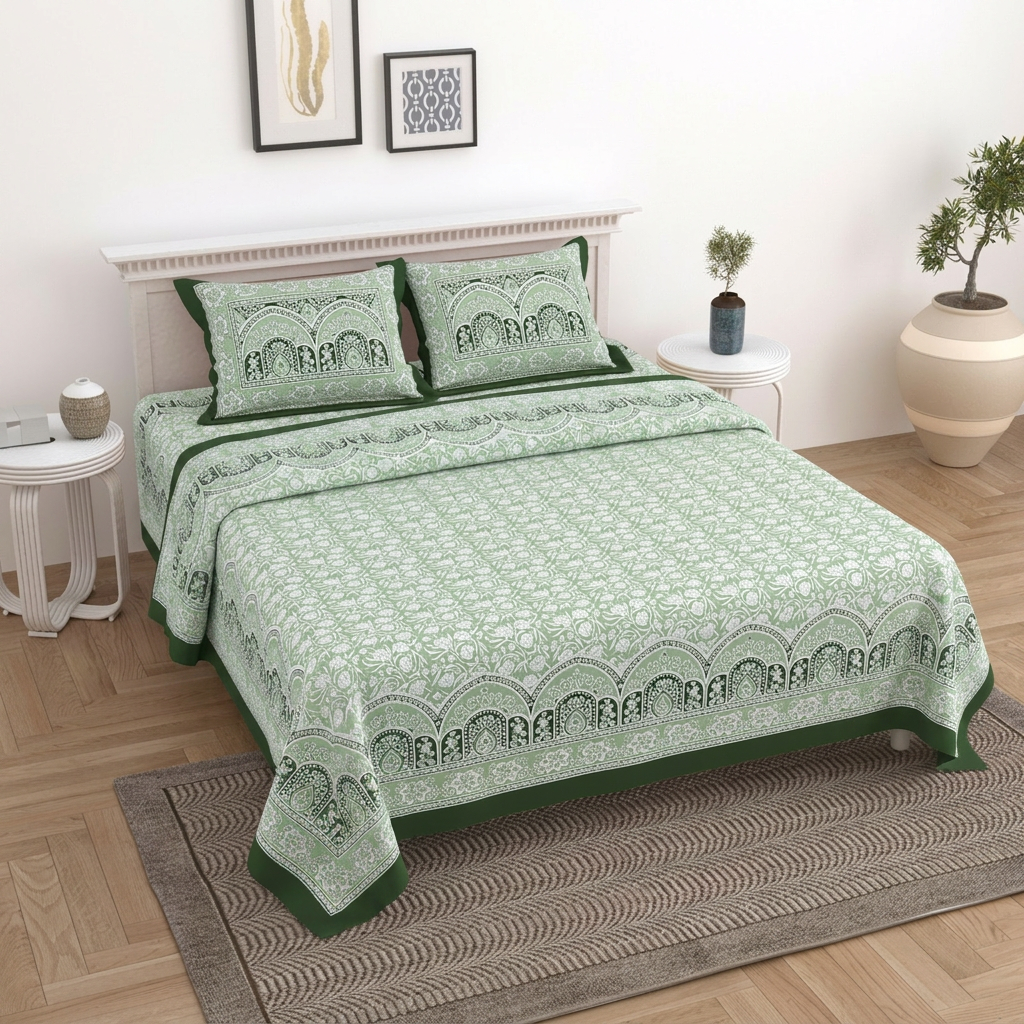 Verdant Arched Mandala Sage Green Cotton Bedsheet Set - Angle View Image