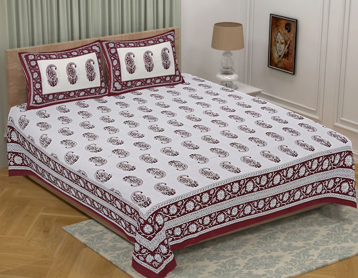 Heritage Maroon Paisley Butta 100% Cotton Bedsheet - angle