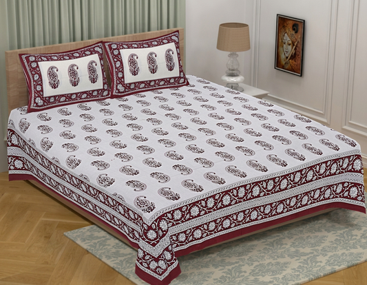 Heritage Maroon Paisley Butta 100% Cotton Bedsheet - angle