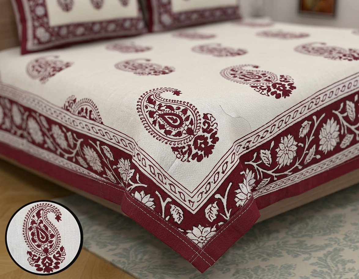 Heritage Maroon Paisley Butta 100% Cotton Bedsheet - fabric