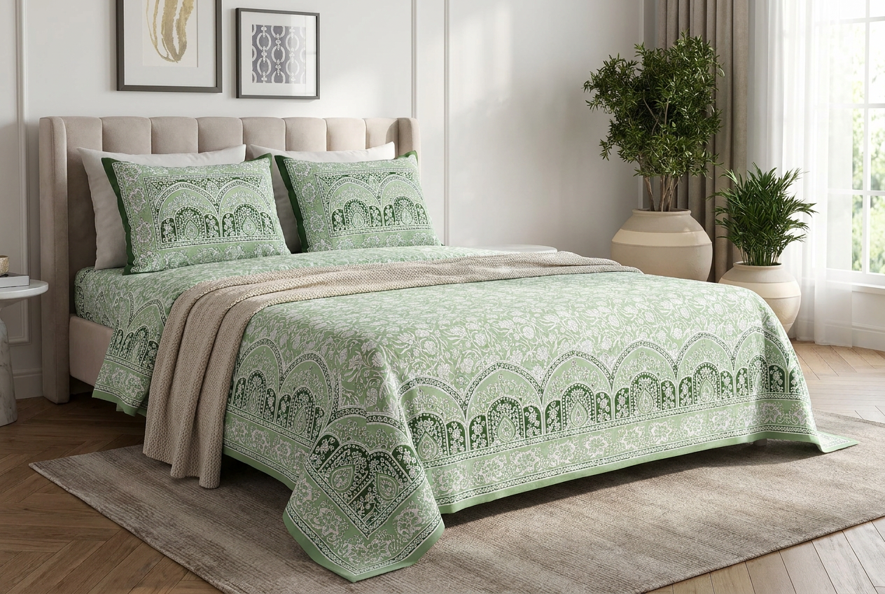 Verdant Arched Mandala Sage Green Cotton Bedsheet Set - Hero Image