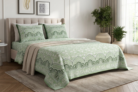 Verdant Arched Mandala Sage Green Cotton Bedsheet Set - Hero Image