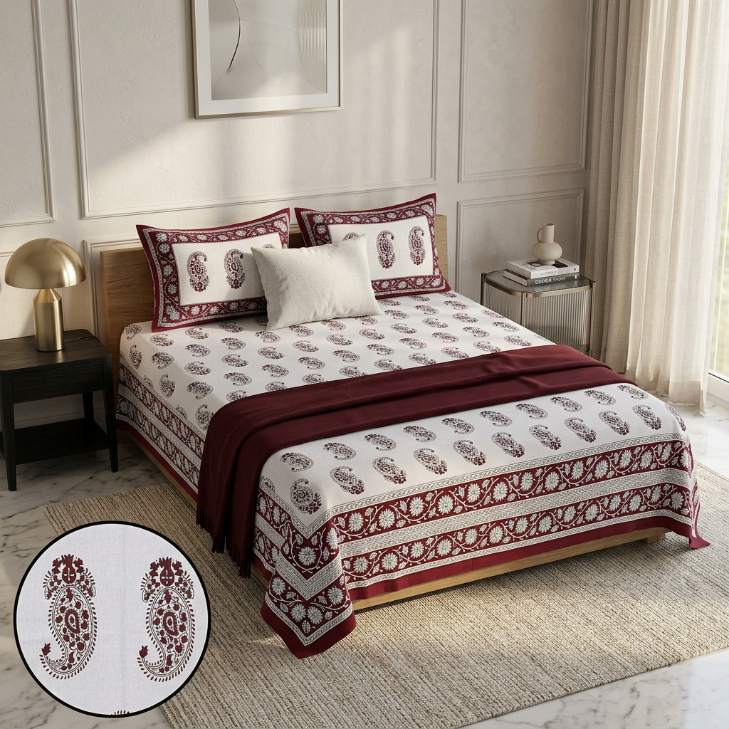 Heritage Maroon Paisley Butta 100% Cotton Bedsheet - hero