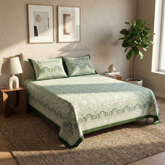 Verdant Arched Mandala Sage Green Cotton Bedsheet Set - Lifestyle Image