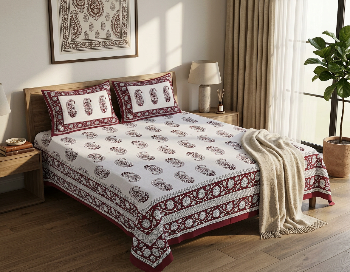 Heritage Maroon Paisley Butta 100% Cotton Bedsheet - lifestyle