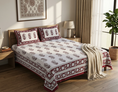 Heritage Maroon Paisley Butta 100% Cotton Bedsheet - lifestyle