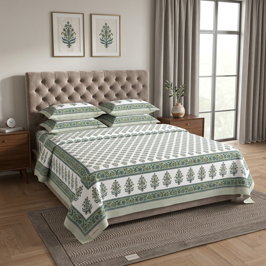 Verdant Aura Hand-Block Inspired Cotton King Bed Set - hero