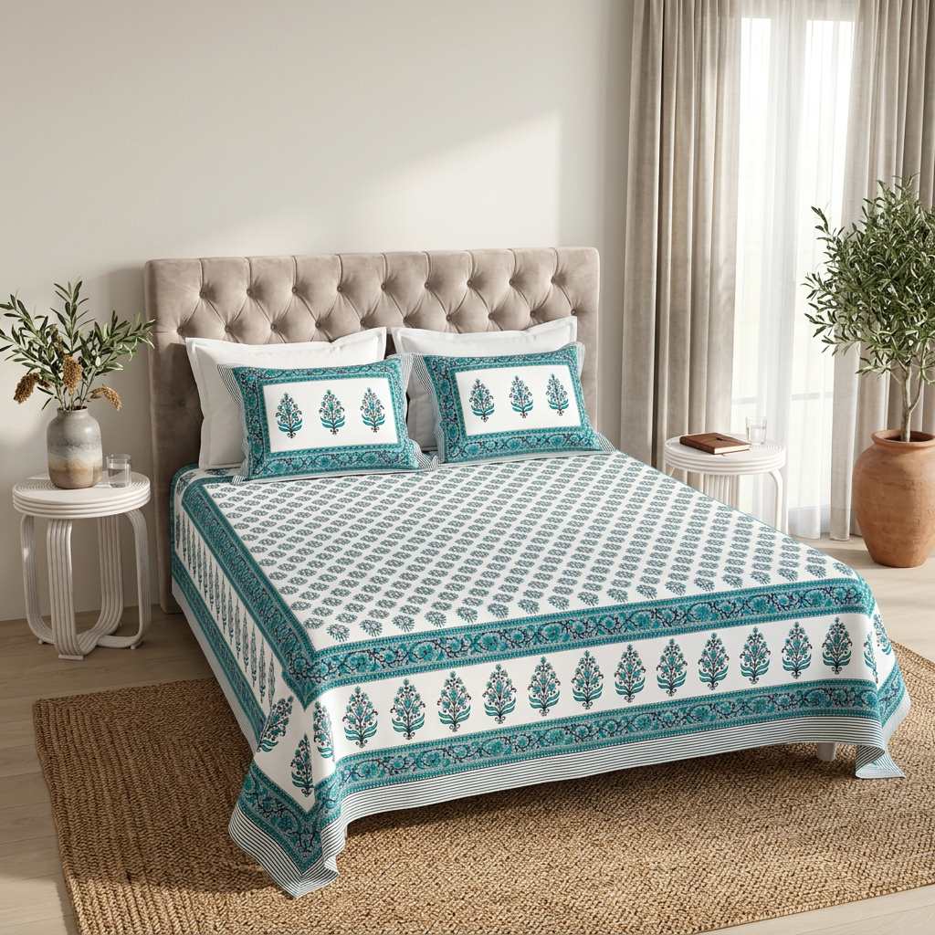 Heritage Teal Artisanal Floral Printed Mercerized Cotton Bedding - hero
