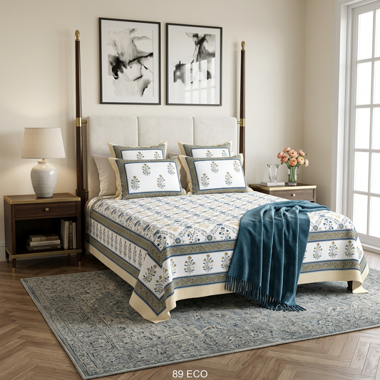 Royal Indigo Sanganeri Motif Luxury Cotton King Bedsheet Set - hero