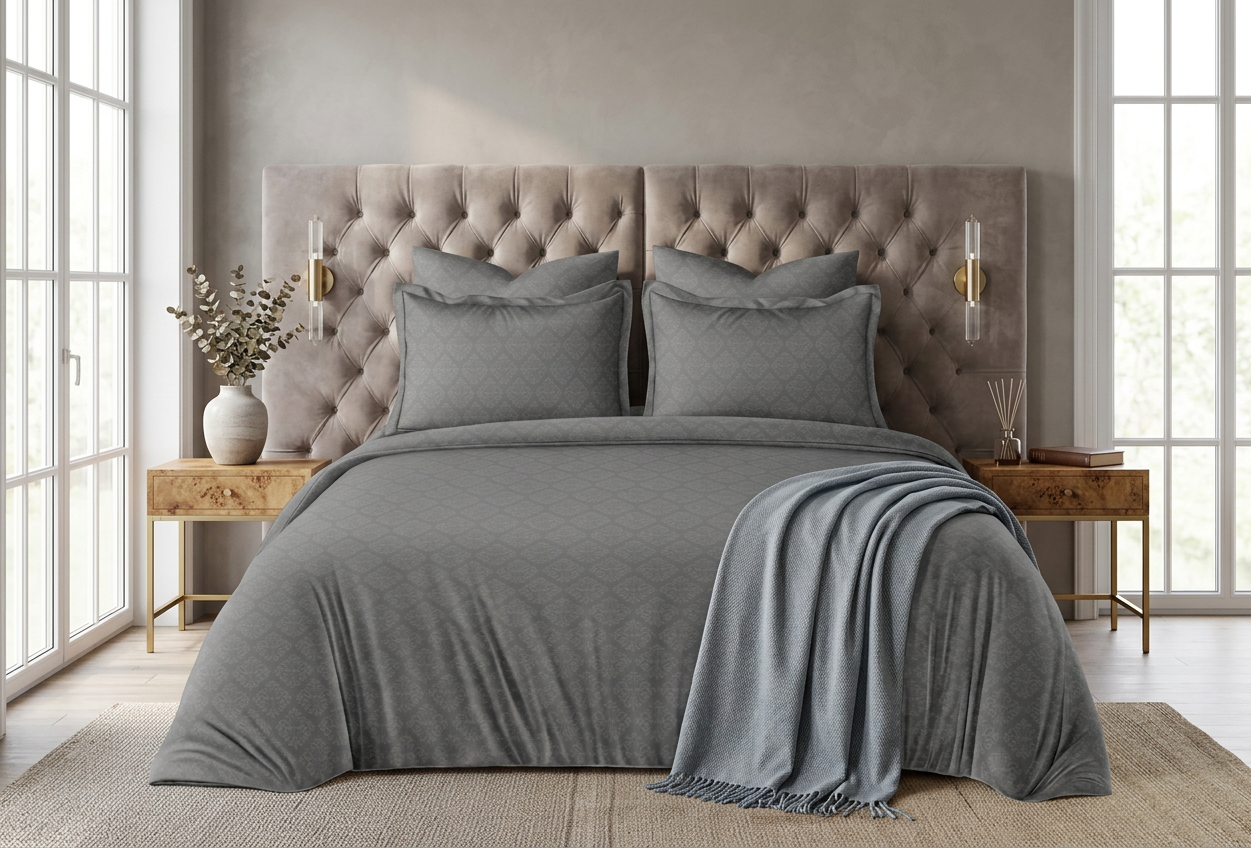 Regal Slate Damask Embossed Premium Cotton Bedset - hero